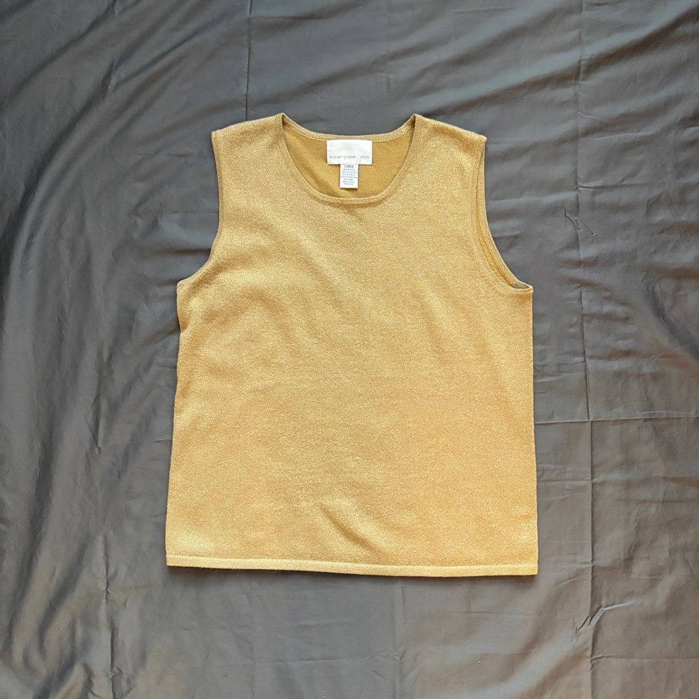 Susan Graver Gold Metallic Sleeveless Shell Top Large | Holiday Evening Chic
